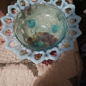 Vintage Blue Glass Bowl c. 1906 SHELL AND WILD ROSE by Northwood BLUE OPALESCENT